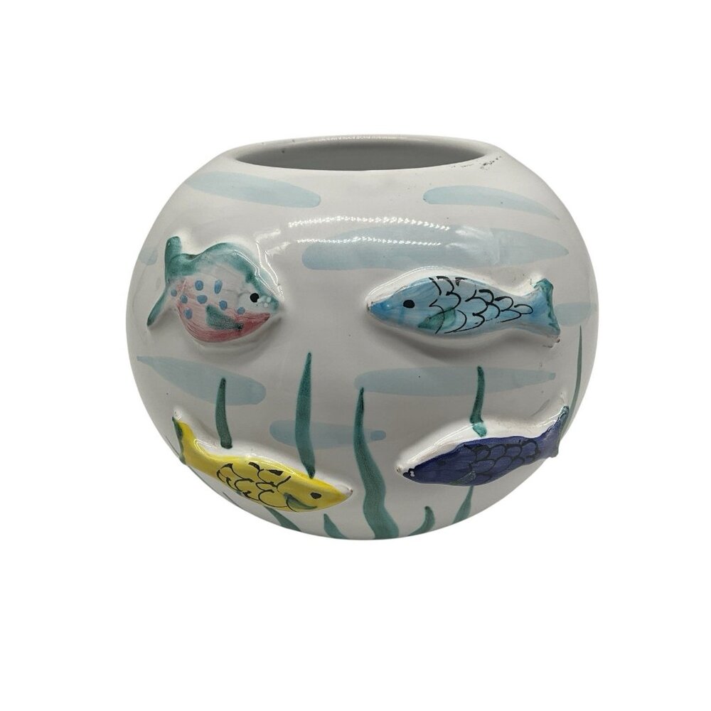 Italian Round Pottery Fish Bowl Vase 3D Fish Hand Crafted Hand Vintage Collectib